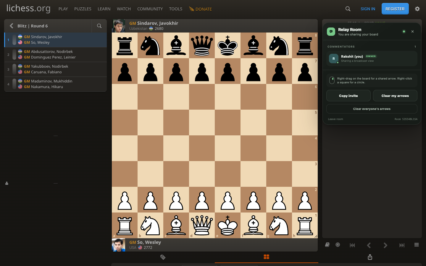 Relay Room control panel open beside a Lichess broadcast board